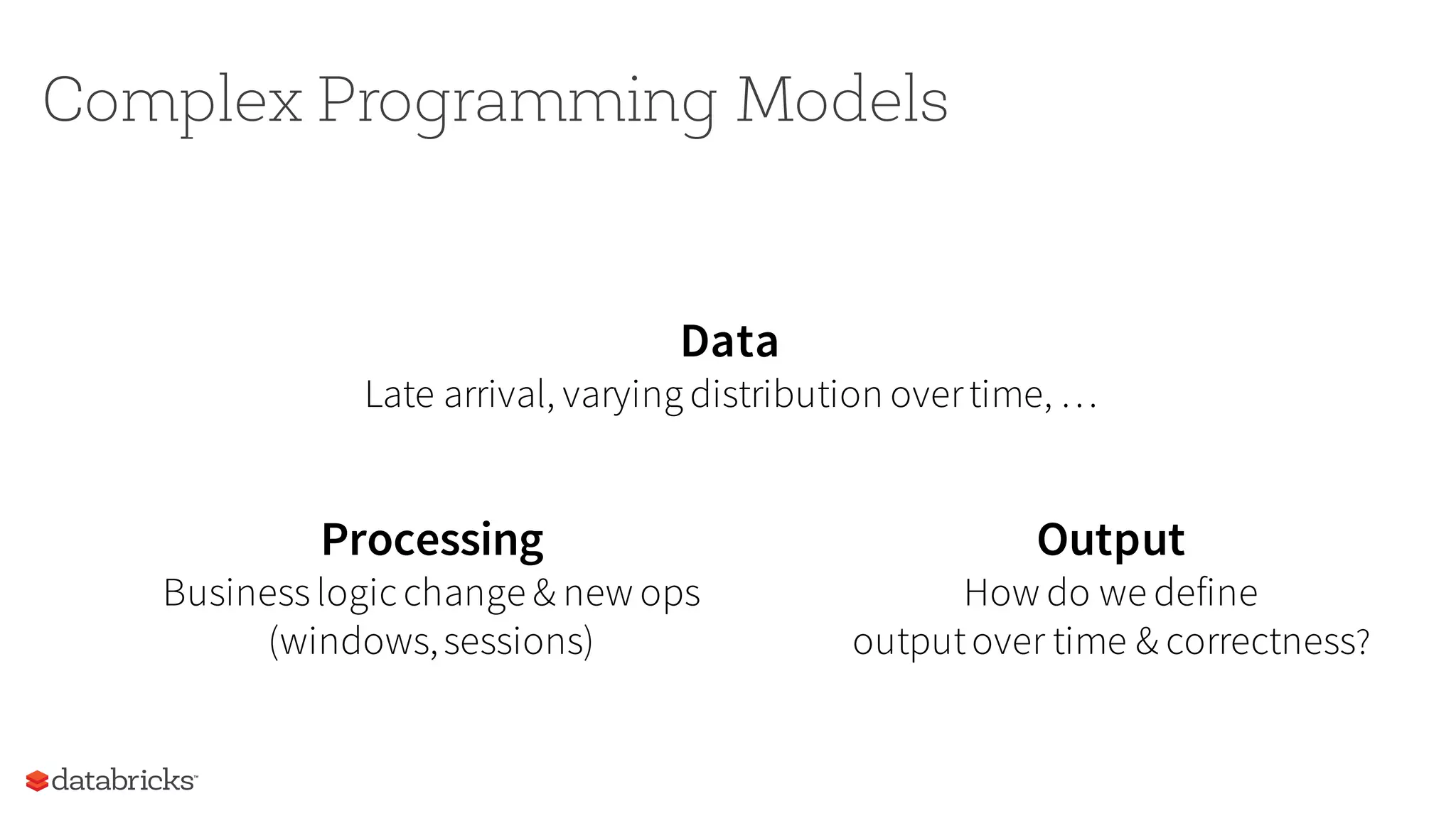 Processing
Businesslogic change & new ops
(windows,sessions)
Complex Programming Models
Output
How do we define
outputover time & correctness?
Data
Late arrival, varying distribution overtime, …
 