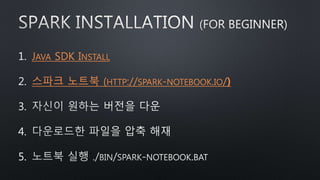 1. JAVA SDK INSTALL
2. 스파크 노트북 (HTTP://SPARK-NOTEBOOK.IO/)
3.
4.
5.
 