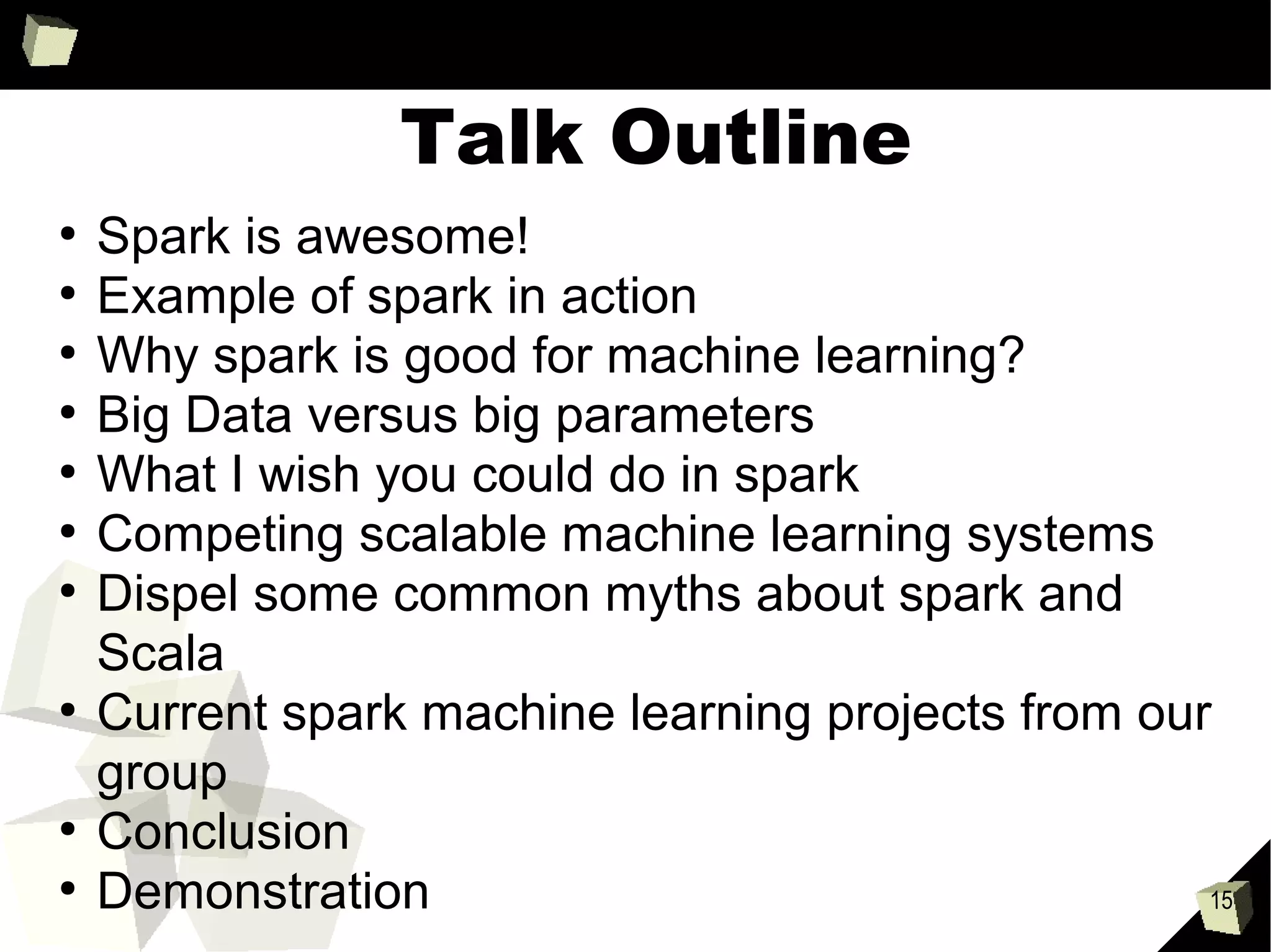 R
• A language that targets statistical and general data analysis
• A package for nearly everything in this space
• Great for exploratory analysis – rapid statistics and plots
• Single threaded
• Datasets limited to memoryTool Selection Primary Analytic Tool
18%
15%
Cost is important
A
B
E
Ease-of-use
& interface
Ability to
write one’s
Everything is important
Data miners are a diverse group who are looking for
different things from their data mining tools. They report
using multiple tools to meet their analytic needs, and
even the most popular tool is identified as their primary
tool by just 24% of data miners. Over the years, R and
Rapid Miner have shown substantial increases.
Cluster analysis* reveals that, in their tool-selection
preferences, data miners fall into 5 groups. The primary
dimensions that distinguish them are price sensitivity and
code-writing / interface / ease-of-use preferences.
2013 Rexer Analytics Survey of 1,259 analytics professionals from 75 countries.
 