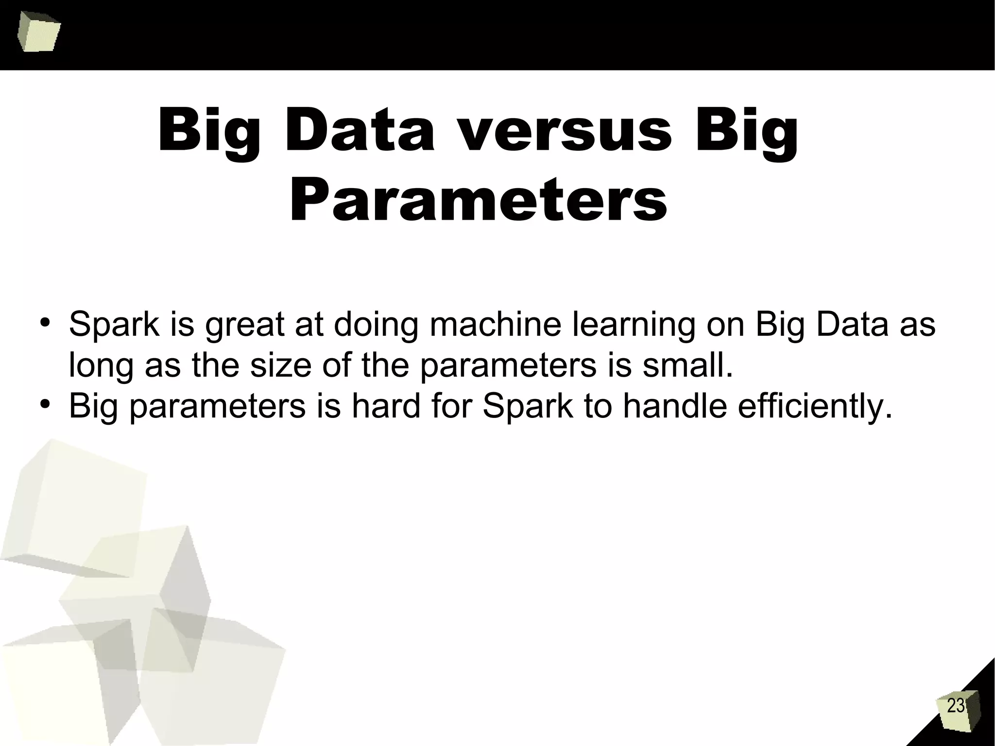 Citations
• http://amplab-extras.github.io/SparkR-pkg/ - main site
• http://ampcamp.berkeley.edu/5/exercises/sparkr.html - hands-on exercises
• http://spark-summit.org/2014/talk/sparkr-interactive-r-programs-at-scale-2 - MNIST example
• https://github.com/kiendang/sparkr-naivebayes-example - how to integrate with MLLib now
• https://github.com/cafreeman/Demo_SparkR - New API
 