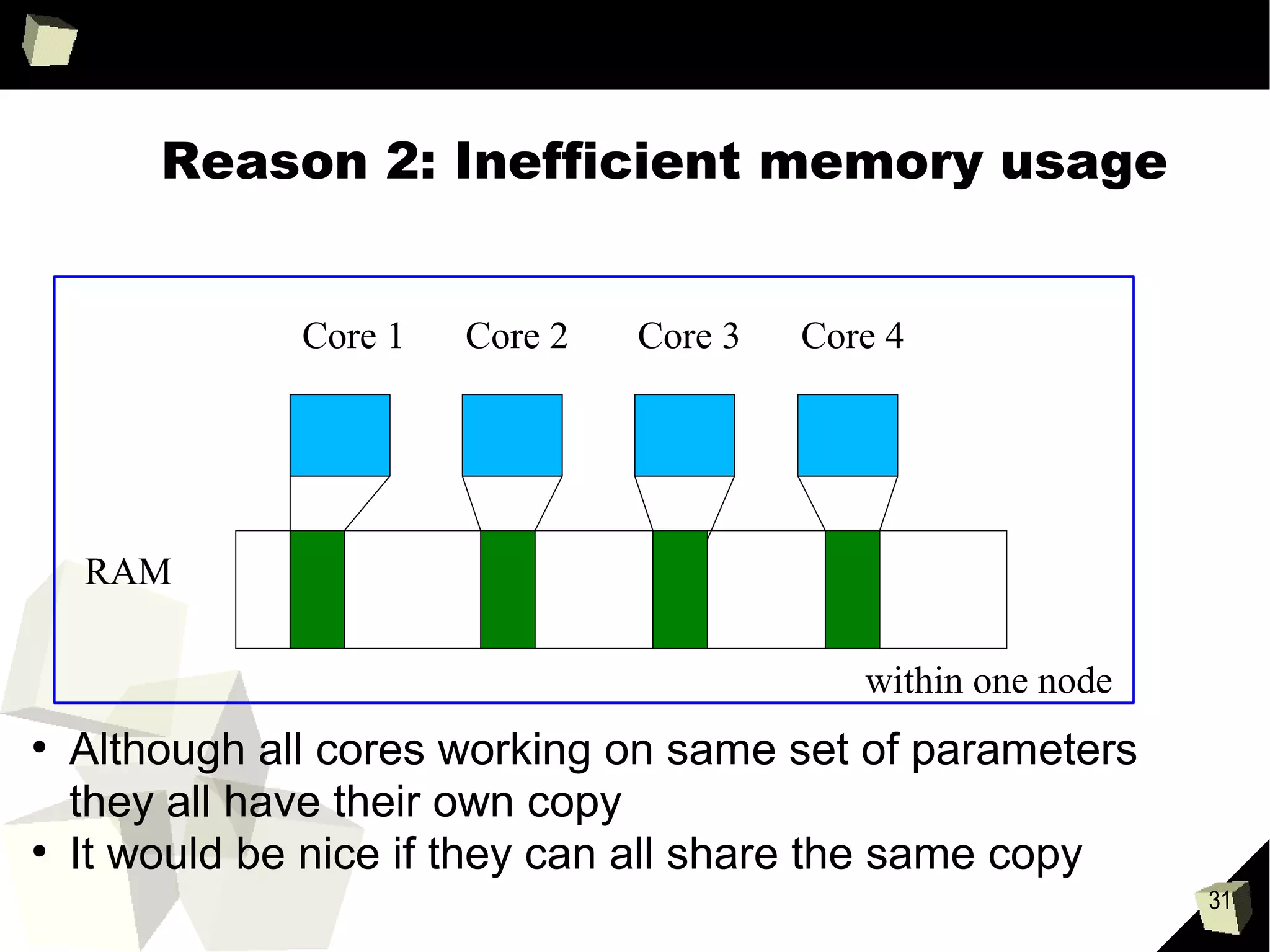 31
Why Spark is good for machine learning
compared to MapReduce?
●
Machine learning algorithms are iterative
●
The following happens when using MapReduce
●
A lot of reading and writing to HDFS
●
The following happens when using spark
●
Reading and writing to RAM instead of HDFS
iter. 1iter. 1 iter. 2iter. 2 . . .
HDFS
read
HDFS
write
HDFS
read
HDFS
write
iter. 1iter. 1 iter. 2iter. 2 . . .
Input
 