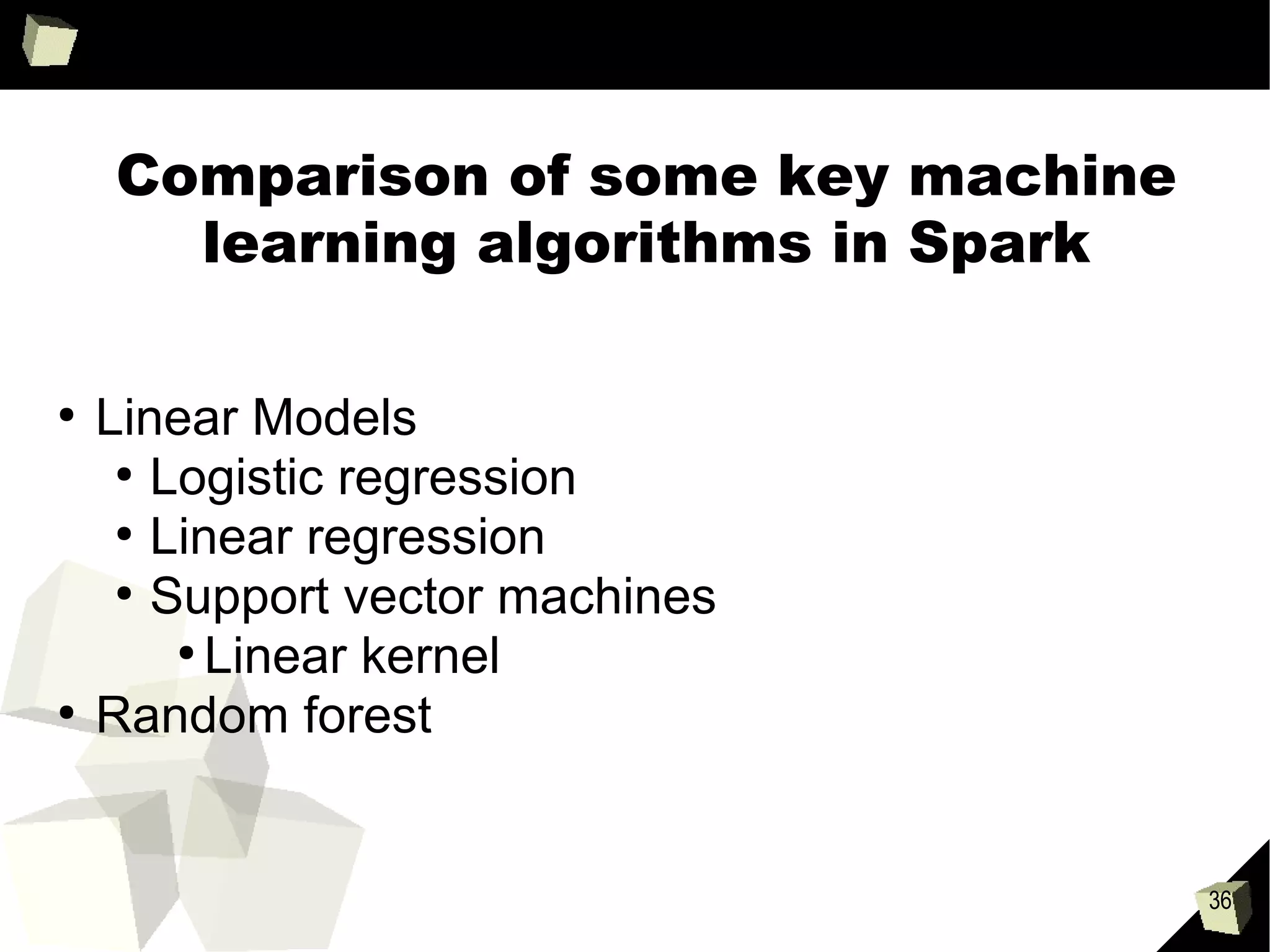 36
Varying dimensionality (100 – 10, 000, 000)
●
Logistic regression on 30 cores, 10 iterations
●
Dimensionality shown in [ ]
●
The second number is the number of training instances
●
Total data size is constant
●
As dimensionality increases execution time increases significantly!
Time(secs)
Low dimensional data
High dimensional data
 