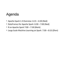 Agenda
• Apache Spark 1.3 Overview 6:15 – 6:30 (Ned)
• DataFrames for Apache Spark 6:30 – 7:00 (Ned)
• R on Apache Spark 7:00 – 7:30 (Mark)
• Large Scale Machine Learning on Spark 7:30 – 8:15 (Zhen)
 