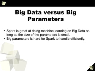 Citations
• http://amplab-extras.github.io/SparkR-pkg/ - main site
• http://ampcamp.berkeley.edu/5/exercises/sparkr.html - hands-on exercises
• http://spark-summit.org/2014/talk/sparkr-interactive-r-programs-at-scale-2 - MNIST example
• https://github.com/kiendang/sparkr-naivebayes-example - how to integrate with MLLib now
• https://github.com/cafreeman/Demo_SparkR - New API
 