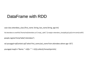 DataFrame with RDD
case class attendees_class (first_name: String, last_name:String, age:Int)
Val attendees=sc.textFile("/home/ned/attendees.csv").map(_.split(",")).map(p=>attendees_class(p(0),p(1),p(2).trim.toInt)).toDF()
people.registerTempTable("attendees")
val youngppl=sqlContext.sql("select first_name,last_name from attendees where age <35")
youngppl.map(t=>"Name: " +t(0)+ " " + t(1)).collect().foreach(println)
 