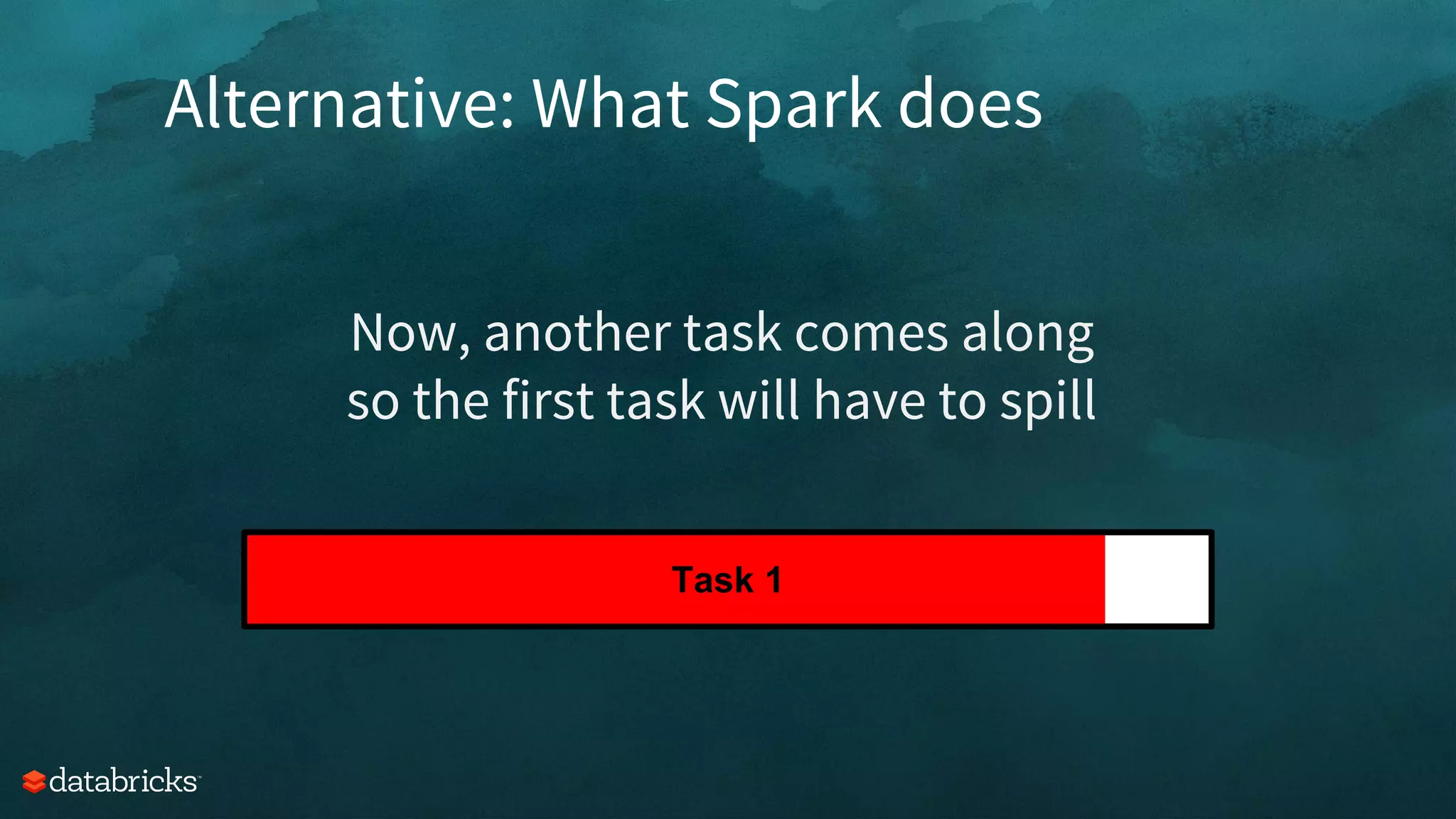 Alternative: What Spark does
Now, another task comes along
so the first task will have to spill
Task 1
 