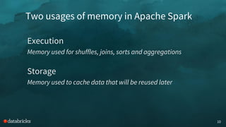 Two usages of memory in Apache Spark
10
Execution
Memory used for shuffles, joins, sorts and aggregations
Storage
Memory used to cache data that will be reused later
 
