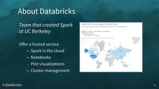 About Databricks
5
Team that created Spark
at UC Berkeley
Offer a hosted service
– Spark in the cloud
– Notebooks
– Plot visualizations
– Cluster management
 