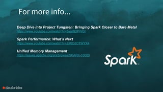 For more info...
Deep Dive into Project Tungsten: Bringing Spark Closer to Bare Metal
https://www.youtube.com/watch?v=5ajs8EIPWGI
Spark Performance: What’s Next
https://www.youtube.com/watch?v=JX0CdOTWYX4
Unified Memory Management
https://issues.apache.org/jira/browse/SPARK-10000
 