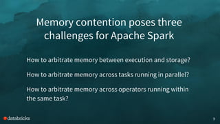 Memory contention poses three
challenges for Apache Spark
9
How to arbitrate memory between execution and storage?
How to arbitrate memory across tasks running in parallel?
How to arbitrate memory across operators running within
the same task?
 