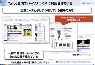 26Copyright © 2013 NTT DATA Corporation
Yahoo台湾でパーソナライズに利用されている
一部の処理をHadoopから
Sparkに置き換えている
出典: Hadoop and Saprk Join Forces at Yahoo(Andy Feng)
台湾のショッピングサイトで
利用されている
企業ユースも少しずつ増えている様子である
（数人程度 x 数か月で移行したとのこと）
 
