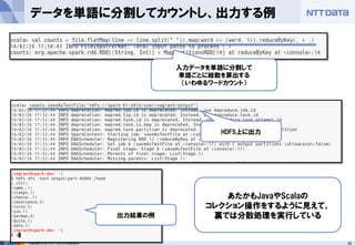 39Copyright © 2013 NTT DATA Corporation
データを単語に分割してカウントし、出力する例
入力データを単語に分割して
単語ごとに総数を算出する
（いわゆるワードカウント）
HDFS上に出力
出力結果の例
あたかもJavaやScalaの
コレクション操作をするように見えて、
裏では分散処理を実行している
 