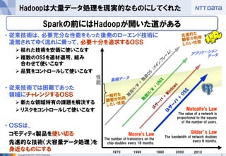 7Copyright © 2013 NTT DATA Corporation
Hadoopは大量データ処理を現実的なものにしてくれた
• 従来技術は、必要充分な性能をもった後発のローエンド技術に
凌駕されてゆく流れに乗って、必要十分を追求するＯＳＳ
 枯れた技術を安価に使いこなす
 複数のOSSを適材適所、組み
合わせて使いこなす
 品質をコントロールして使いこなす
• 従来技術では困難であった
領域にチャレンジするＯＳＳ
 新たな領域特有の課題を解決する
 リスクをコントロールして使いこなす
• ＯＳＳは..
コモディティ製品を使い切る
先進的な技術（大容量データ処理）を
身近なものにする
性
能
1970 1980 1990 2000
Moore's Law
The number of transistors on the
chip doubles every 18 months.
Gilder’s Law
The bandwidth of network doubles
every 6 months.
Metcalfe's Law
The value of a network is
proportional to the square
of the number of users.
2010
Sparkの前にはHadoopが開いた道がある
 