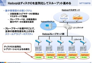 8Copyright © 2013 NTT DATA Corporation
HadoopはディスクIOを並列化してスループット高める
• 集中管理型の分散システム
– 分散処理ジョブやデータの管理は
マスタサーバで実施
– スレーブサーバは、分散処理の
実行やデータの実体を保存
• スレーブサーバを増やすことで、
全体の処理性能を向上させる
スケールアウトアーキテクチャ
Hadoopマスタサーバ
Hadoopクライアント
L2/L3スイッチ
NameNode JobTracker
L2スイッチ
Hadoopスレーブサーバ群
DataNode
TaskTracker
DataNode
TaskTracker
DataNode
TaskTracker
DataNode
TaskTracker
DataNode
TaskTracker
ディスク ディスク ディスク ディスク ディスク
ディスクIOの並列化
レプリケーションによる永続化
 