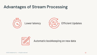 ©2022 Databricks Inc. — All rights reserved
Advantages of Stream Processing
Lower latency
Automatic bookkeeping on new data
Efficient Updates
 