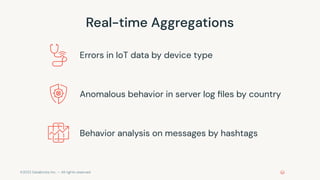 ©2022 Databricks Inc. — All rights reserved
Errors in IoT data by device type
Real-time Aggregations
Anomalous behavior in server log ﬁles by country
Behavior analysis on messages by hashtags
 
