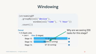 ©2022 Databricks Inc. — All rights reserved
Windowing
(streamingDF
.groupBy(col("device"),
window(col("time"), "1 hour"))
.count())
Why are we seeing 200
tasks for this stage?
 