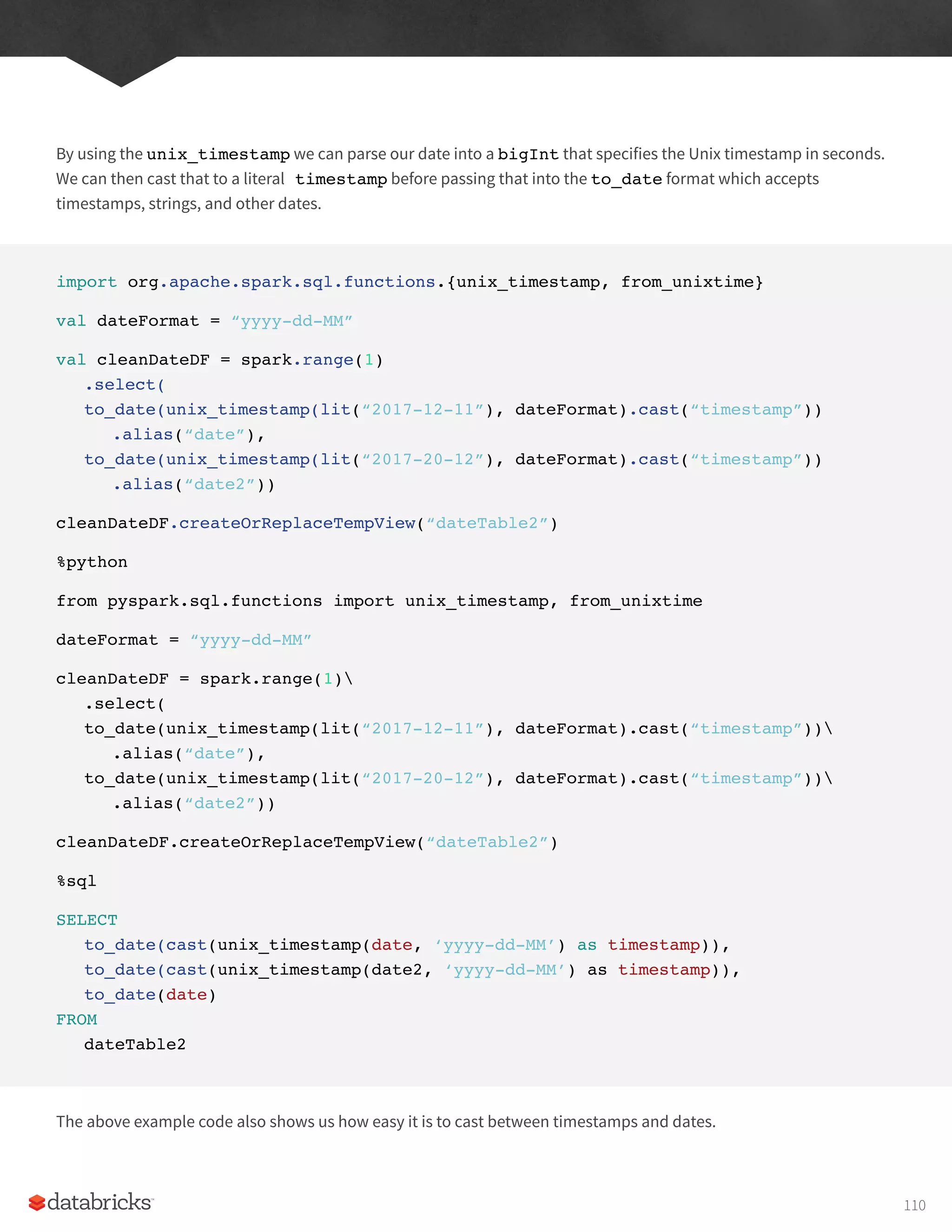 By using the unix_timestamp we can parse our date into a bigInt that specifies the Unix timestamp in seconds.
We can then cast that to a literal timestamp before passing that into the to_date format which accepts
timestamps, strings, and other dates.
import org.apache.spark.sql.functions.{unix_timestamp, from_unixtime}
val dateFormat = “yyyy-dd-MM”
val cleanDateDF = spark.range(1)
.select(
to_date(unix_timestamp(lit(“2017-12-11”), dateFormat).cast(“timestamp”))
.alias(“date”),
to_date(unix_timestamp(lit(“2017-20-12”), dateFormat).cast(“timestamp”))
.alias(“date2”))
cleanDateDF.createOrReplaceTempView(“dateTable2”)
%python
from pyspark.sql.functions import unix_timestamp, from_unixtime
dateFormat = “yyyy-dd-MM”
cleanDateDF = spark.range(1)
.select(
to_date(unix_timestamp(lit(“2017-12-11”), dateFormat).cast(“timestamp”))
.alias(“date”),
to_date(unix_timestamp(lit(“2017-20-12”), dateFormat).cast(“timestamp”))
.alias(“date2”))
cleanDateDF.createOrReplaceTempView(“dateTable2”)
%sql
SELECT
to_date(cast(unix_timestamp(date, ‘yyyy-dd-MM’) as timestamp)),
to_date(cast(unix_timestamp(date2, ‘yyyy-dd-MM’) as timestamp)),
to_date(date)
FROM
dateTable2
The above example code also shows us how easy it is to cast between timestamps and dates.
110
 