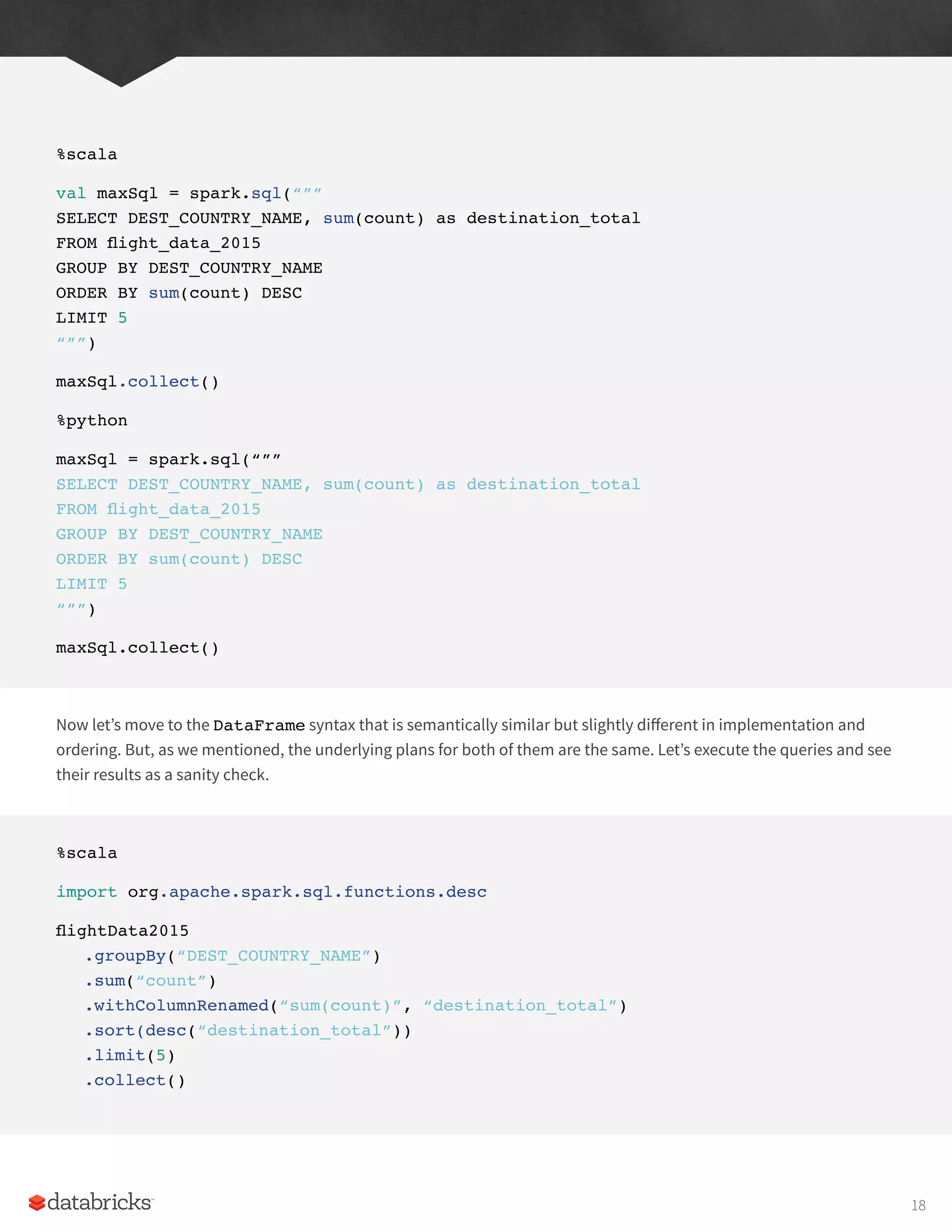 %scala
val maxSql = spark.sql(“””
SELECT DEST_COUNTRY_NAME, sum(count) as destination_total
FROM flight_data_2015
GROUP BY DEST_COUNTRY_NAME
ORDER BY sum(count) DESC
LIMIT 5
“””)
maxSql.collect()
%python
maxSql = spark.sql(“””
SELECT DEST_COUNTRY_NAME, sum(count) as destination_total
FROM flight_data_2015
GROUP BY DEST_COUNTRY_NAME
ORDER BY sum(count) DESC
LIMIT 5
“””)
maxSql.collect()
Now let’s move to the DataFrame syntax that is semantically similar but slightly different in implementation and
ordering. But, as we mentioned, the underlying plans for both of them are the same. Let’s execute the queries and see
their results as a sanity check.
%scala
import org.apache.spark.sql.functions.desc
flightData2015
.groupBy(“DEST_COUNTRY_NAME”)
.sum(“count”)
.withColumnRenamed(“sum(count)”, “destination_total”)
.sort(desc(“destination_total”))
.limit(5)
.collect()
18
 