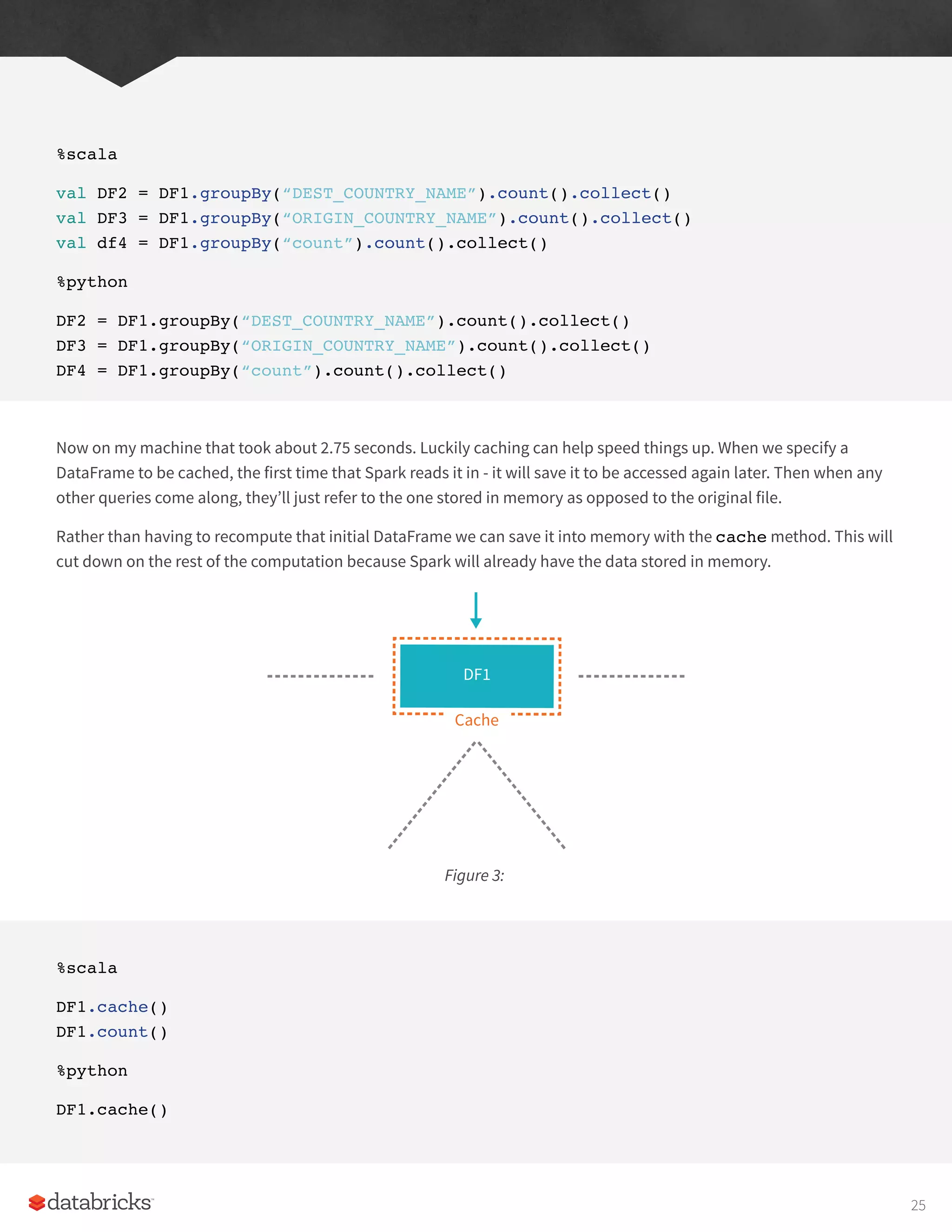 %scala
val DF2 = DF1.groupBy(“DEST_COUNTRY_NAME”).count().collect()
val DF3 = DF1.groupBy(“ORIGIN_COUNTRY_NAME”).count().collect()
val df4 = DF1.groupBy(“count”).count().collect()
%python
DF2 = DF1.groupBy(“DEST_COUNTRY_NAME”).count().collect()
DF3 = DF1.groupBy(“ORIGIN_COUNTRY_NAME”).count().collect()
DF4 = DF1.groupBy(“count”).count().collect()
Now on my machine that took about 2.75 seconds. Luckily caching can help speed things up. When we specify a
DataFrame to be cached, the first time that Spark reads it in - it will save it to be accessed again later. Then when any
other queries come along, they’ll just refer to the one stored in memory as opposed to the original file.
Rather than having to recompute that initial DataFrame we can save it into memory with the cache method. This will
cut down on the rest of the computation because Spark will already have the data stored in memory.
%scala
DF1.cache()
DF1.count()
%python
DF1.cache()
Figure 3:
Raw data
DF1
DF1
Cache
25
 