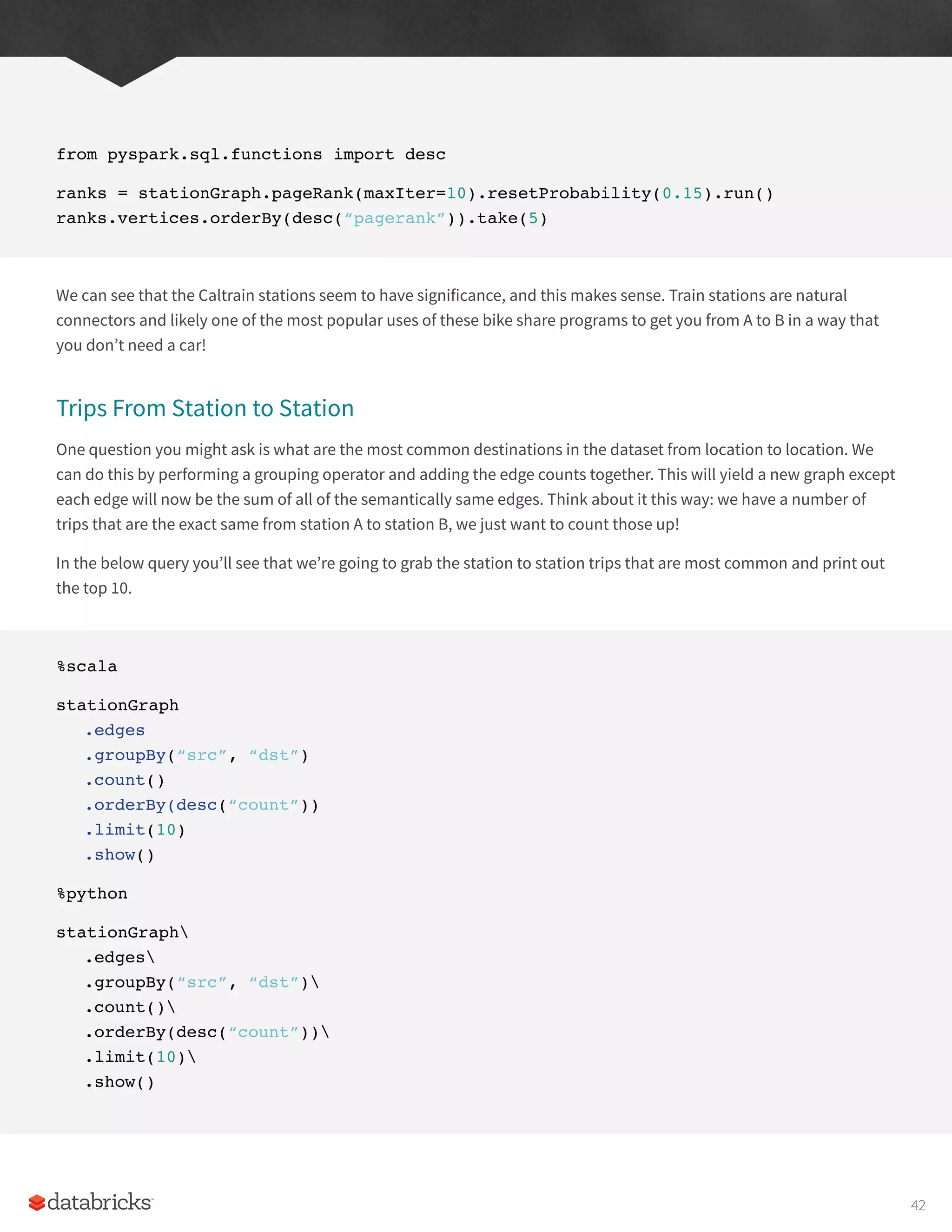 from pyspark.sql.functions import desc
ranks = stationGraph.pageRank(maxIter=10).resetProbability(0.15).run()
ranks.vertices.orderBy(desc(“pagerank”)).take(5)
We can see that the Caltrain stations seem to have significance, and this makes sense. Train stations are natural
connectors and likely one of the most popular uses of these bike share programs to get you from A to B in a way that
you don’t need a car!
Trips From Station to Station
One question you might ask is what are the most common destinations in the dataset from location to location. We
can do this by performing a grouping operator and adding the edge counts together. This will yield a new graph except
each edge will now be the sum of all of the semantically same edges. Think about it this way: we have a number of
trips that are the exact same from station A to station B, we just want to count those up!
In the below query you’ll see that we’re going to grab the station to station trips that are most common and print out
the top 10.
%scala
stationGraph
.edges
.groupBy(“src”, “dst”)
.count()
.orderBy(desc(“count”))
.limit(10)
.show()
%python
stationGraph
.edges
.groupBy(“src”, “dst”)
.count()
.orderBy(desc(“count”))
.limit(10)
.show()
42
 