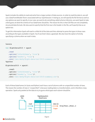 Spark includes the ability to read and write from a large number of data sources. In order to read this data in, we will
use a DataFrameReader that is associated with our SparkSession. In doing so, we will specify the file format as well as
any options we want to specify. In our case, we want to do something called schema inference, we want Spark to take
a best guess at what the schema of our DataFrame should be. The reason for this is that CSV files are not completely
structured data formats. We also want to specify that the first row is the header in the file, we’ll specify that as an
option too.
To get this information Spark will read in a little bit of the data and then attempt to parse the types in those rows
according to the types available in Spark. You’ll see that it does a good job. We also have the option of strictly
specifying a schema when we read in data.
%scala
val flightData2015 = spark
.read
.option(“inferSchema”, “true”)
.option(“header”, “true”)
.csv(“/mnt/defg/flight-data/csv/2015-summary.csv”)
%python
flightData2015 = spark
.read
.option(“inferSchema”, “true”)
.option(“header”, “true”)
.csv(“/mnt/defg/flight-data/csv/2015-summary.csv”)
Each of these DataFrames (in Scala and Python) each have a set of columns with an unspecified number of rows.
The reason the number of rows is “unspecified” is because reading data is a transformation, and is therefore a lazy
operation. Spark only peeked at the data to try to guess what types each column should be.
Figure
JSON
file
flightData2015
DataFrame
read
Lazy Eager
take (2)
Array( Row(...),Row(...))
13
 