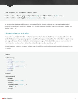 from pyspark.sql.functions import desc
ranks = stationGraph.pageRank(maxIter=10).resetProbability(0.15).run()
ranks.vertices.orderBy(desc(“pagerank”)).take(5)
We can see that the Caltrain stations seem to have significance, and this makes sense. Train stations are natural
connectors and likely one of the most popular uses of these bike share programs to get you from A to B in a way that
you don’t need a car!
Trips From Station to Station
One question you might ask is what are the most common destinations in the dataset from location to location. We
can do this by performing a grouping operator and adding the edge counts together. This will yield a new graph except
each edge will now be the sum of all of the semantically same edges. Think about it this way: we have a number of
trips that are the exact same from station A to station B, we just want to count those up!
In the below query you’ll see that we’re going to grab the station to station trips that are most common and print out
the top 10.
%scala
stationGraph
.edges
.groupBy(“src”, “dst”)
.count()
.orderBy(desc(“count”))
.limit(10)
.show()
%python
stationGraph
.edges
.groupBy(“src”, “dst”)
.count()
.orderBy(desc(“count”))
.limit(10)
.show()
42
 