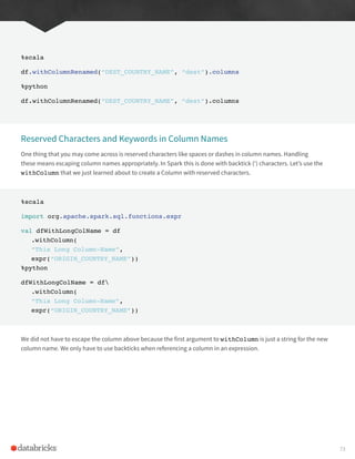 %scala
df.withColumnRenamed(“DEST_COUNTRY_NAME”, “dest”).columns
%python
df.withColumnRenamed(“DEST_COUNTRY_NAME”, “dest”).columns
Reserved Characters and Keywords in Column Names
One thing that you may come across is reserved characters like spaces or dashes in column names. Handling
these means escaping column names appropriately. In Spark this is done with backtick (‘) characters. Let’s use the
withColumn that we just learned about to create a Column with reserved characters.
%scala
import org.apache.spark.sql.functions.expr
val dfWithLongColName = df
.withColumn(
“This Long Column-Name”,
expr(“ORIGIN_COUNTRY_NAME”))
%python
dfWithLongColName = df
.withColumn(
“This Long Column-Name”,
expr(“ORIGIN_COUNTRY_NAME”))
We did not have to escape the column above because the first argument to withColumn is just a string for the new
column name. We only have to use backticks when referencing a column in an expression.
73
 