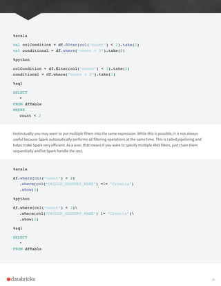 %scala
val colCondition = df.filter(col(“count”) < 2).take(2)
val conditional = df.where(“count < 2”).take(2)
%python
colCondition = df.filter(col(“count”) < 2).take(2)
conditional = df.where(“count < 2”).take(2)
%sql
SELECT
*
FROM dfTable
WHERE
count < 2
Instinctually you may want to put multiple filters into the same expression. While this is possible, it is not always
useful because Spark automatically performs all filtering operations at the same time. This is called pipelining and
helps make Spark very efficient. As a user, that means if you want to specify multiple AND filters, just chain them
sequentially and let Spark handle the rest.
%scala
df.where(col(“count”) < 2)
.where(col(“ORIGIN_COUNTRY_NAME”) =!= “Croatia”)
.show(2)
%python
df.where(col(“count”) < 2)
.where(col(“ORIGIN_COUNTRY_NAME”) != “Croatia”)
.show(2)
%sql
SELECT
*
FROM dfTable
76
 