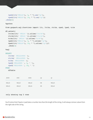 lpad(lit(“HELLO”), 3, “ “).as(“lp”),
rpad(lit(“HELLO”), 10, “ “).as(“rp”))
.show(2)
%python
from pyspark.sql.functions import lit, ltrim, rtrim, rpad, lpad, trim
df.select(
ltrim(lit(“ HELLO “)).alias(“ltrim”),
rtrim(lit(“ HELLO “)).alias(“rtrim”),
trim(lit(“ HELLO “)).alias(“trim”),
lpad(lit(“HELLO”), 3, “ “).alias(“lp”),
rpad(lit(“HELLO”), 10, “ “).alias(“rp”))
.show(2)
%sql
SELECT
ltrim(‘ HELLLOOOO ‘),
rtrim(‘ HELLLOOOO ‘),
trim(‘ HELLLOOOO ‘),
lpad(‘HELLOOOO ‘, 3, ‘ ‘),
rpad(‘HELLOOOO ‘, 10, ‘ ‘)
FROM
dfTable
1trim trim rtrim 1p rp
HELLO
HELLO
HELLO
HELLO
HELLO
HELLO
HE
HE
HELLO
HELLO
only showing top 2 rows
You’ll notice that if lpad or rpad takes a number less than the length of the string, it will always remove values from
the right side of the string.
98
 