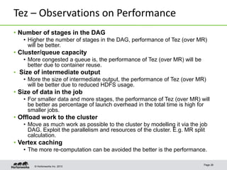 © Hortonworks Inc. 2013
Tez – Observations on Performance
• Number of stages in the DAG
• Higher the number of stages in the DAG, performance of Tez (over MR)
will be better.
• Cluster/queue capacity
• More congested a queue is, the performance of Tez (over MR) will be
better due to container reuse.
• Size of intermediate output
• More the size of intermediate output, the performance of Tez (over MR)
will be better due to reduced HDFS usage.
• Size of data in the job
• For smaller data and more stages, the performance of Tez (over MR) will
be better as percentage of launch overhead in the total time is high for
smaller jobs.
• Offload work to the cluster
• Move as much work as possible to the cluster by modelling it via the job
DAG. Exploit the parallelism and resources of the cluster. E.g. MR split
calculation.
• Vertex caching
• The more re-computation can be avoided the better is the performance.
Page 26
 
