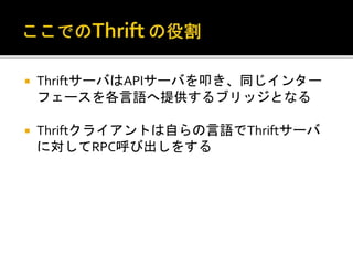  ThriftサーバはAPIサーバを叩き、同じインター
フェースを各言語へ提供するブリッジとなる
 Thriftクライアントは自らの言語でThriftサーバ
に対してRPC呼び出しをする
 