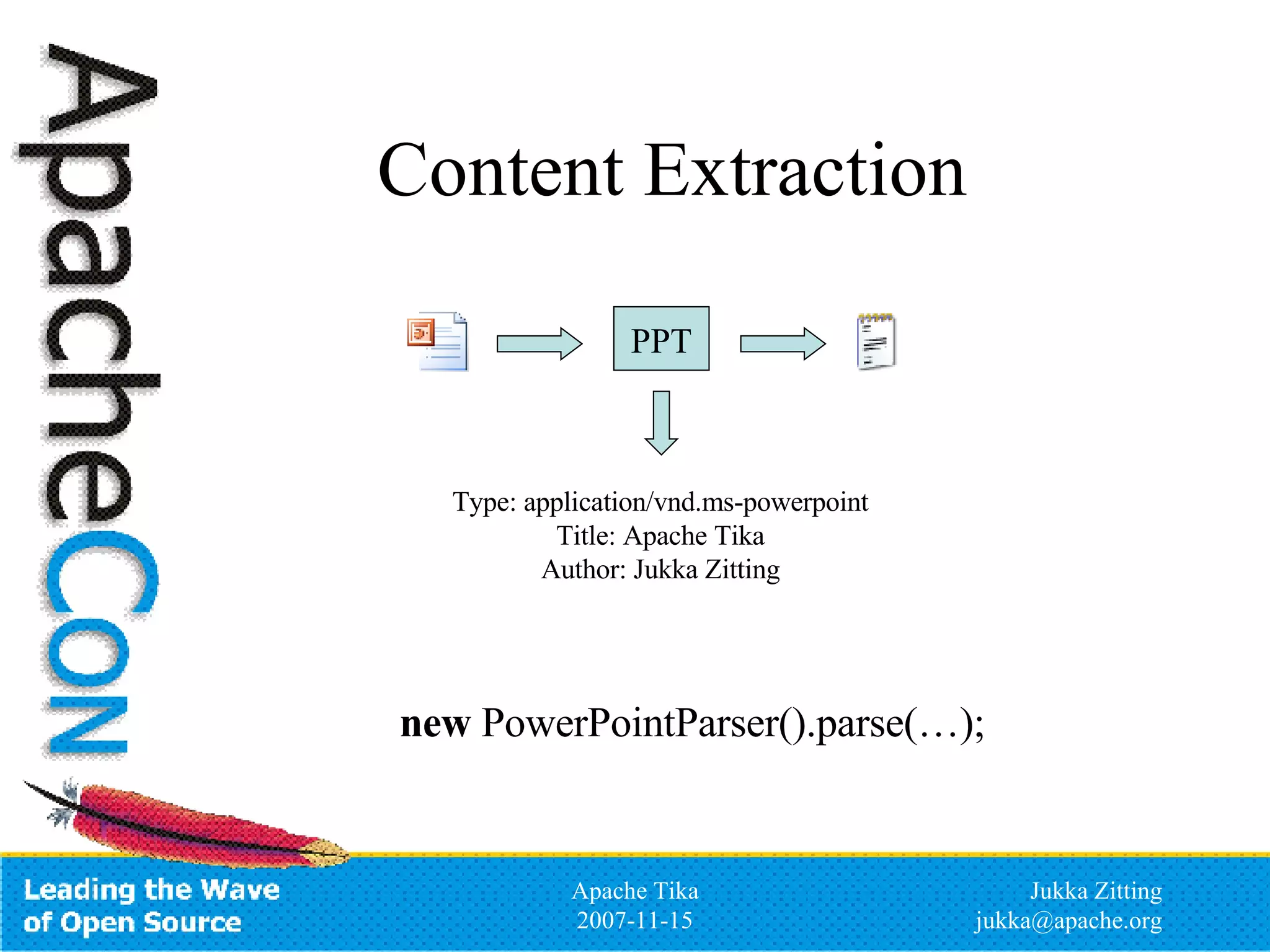 Content Extraction PPT Type: application/vnd.ms-powerpoint Title: Apache Tika Author: Jukka Zitting new  PowerPointParser().parse(…); 