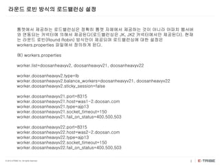 © 2012 eTRIBE Inc. All rights reserved. 3
라운드 로빈 방식의 로드밸런싱 설정
톰캣에서 제공하는 로드밸런싱은 정확히 톰캣 자체에서 제공하는 것이 아니라 아파치 웹서버
와 연동되는 커넥터에 의해서 제공된다(로드밸런싱은 JK, JK2 커넥터에서만 제공된다). 현재
는 라운드 로빈(Round Robin) 방식만이 제공되며 로드밸런싱에 대한 설정은
workers.properties 파일에서 정의하게 된다.
예) workers.properties
worker.list=doosanheavyv2, doosanheavyv21, doosanheavyv22
worker.doosanheavyv2.type=lb
worker.doosanheavyv2.balance_workers=doosanheavyv21, doosanheavyv22
worker.doosanheavyv2.sticky_session=false
worker.doosanheavyv21.port=8315
worker.doosanheavyv21.host=was1-2.doosan.com
worker.doosanheavyv21.type=ajp13
worker.doosanheavyv21.socket_timeout=150
worker.doosanheavyv21.fail_on_status=400,500,503
worker.doosanheavyv22.port=8315
worker.doosanheavyv22.host=was2-2.doosan.com
worker.doosanheavyv22.type=ajp13
worker.doosanheavyv22.socket_timeout=150
worker.doosanheavyv22.fail_on_status=400,500,503
 