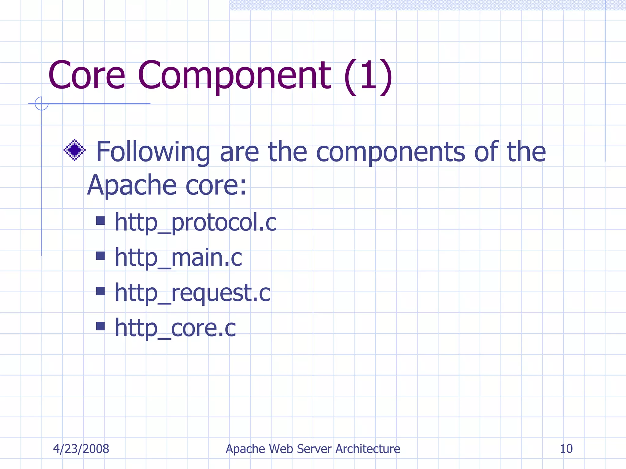 Core Component (1) Following are the components of the Apache core: http_protocol.c http_main.c http_request.c http_core.c 4/23/2008 Apache Web Server Architecture 