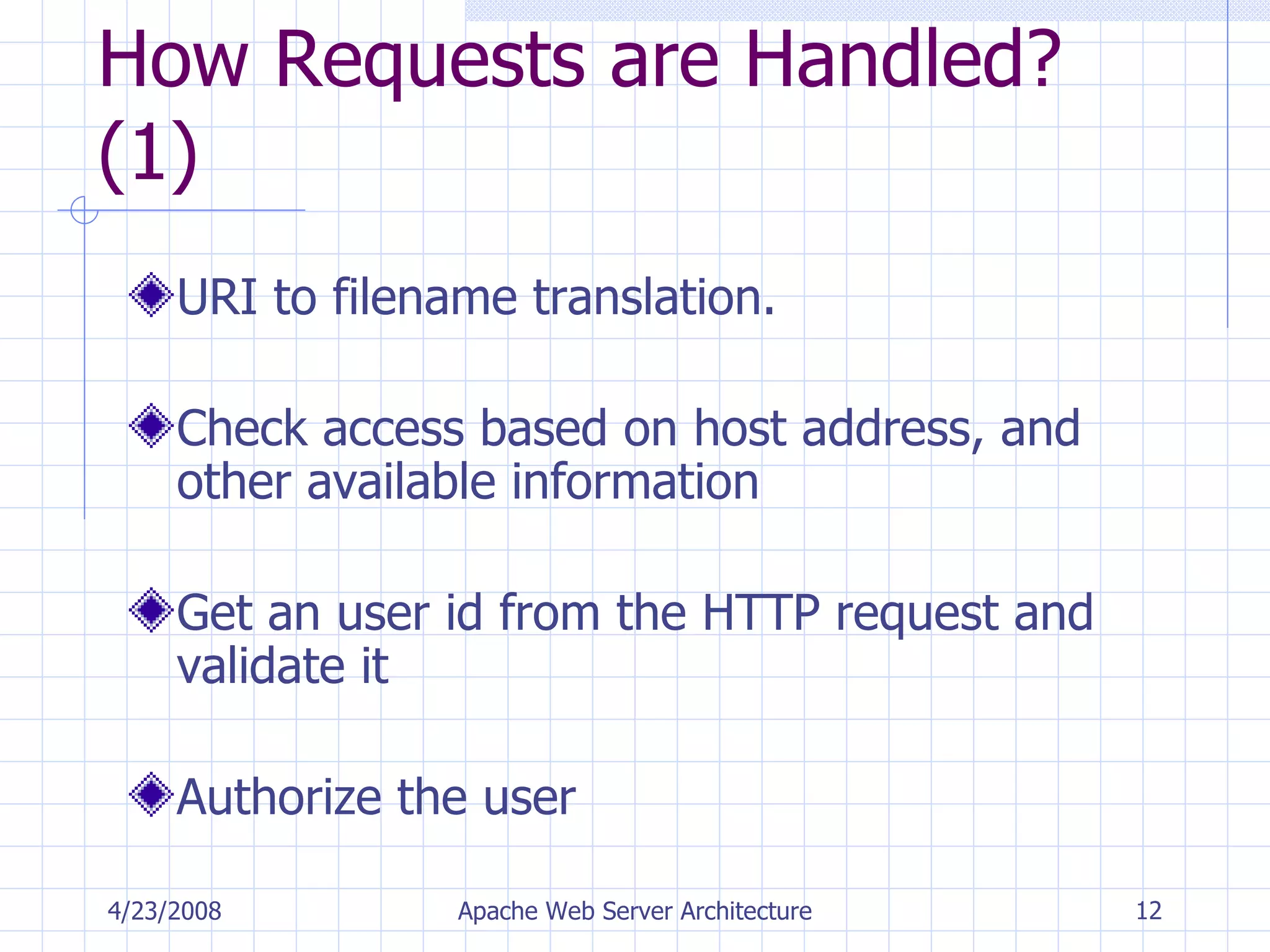 How Requests are Handled?(1) URI to filename translation. Check access based on host address, and other available information Get an user id from the HTTP request and validate it Authorize the user 4/23/2008 Apache Web Server Architecture 
