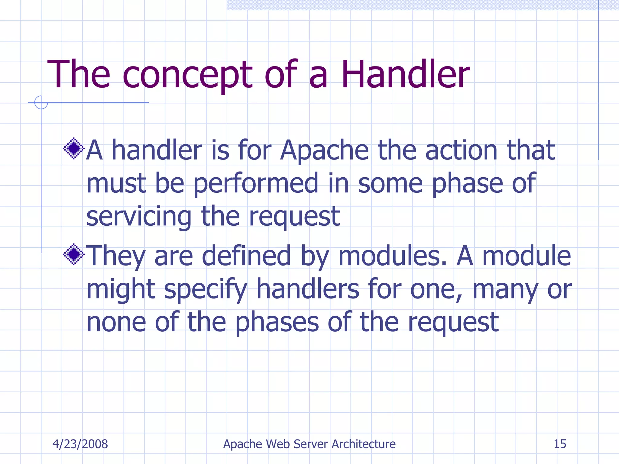 The concept of a Handler A handler is for Apache the action that must be performed in some phase of servicing the request They are defined by modules. A module might specify handlers for one, many or none of the phases of the request 4/23/2008 Apache Web Server Architecture 