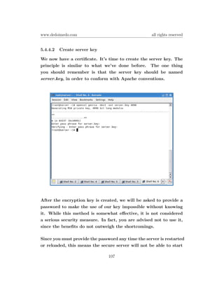 www.dedoimedo.com                                   all rights reserved


5.4.4.2   Create server key

We now have a certiﬁcate. It’s time to create the server key. The
principle is similar to what we’ve done before. The one thing
you should remember is that the server key should be named
server.key, in order to conform with Apache conventions.




After the encryption key is created, we will be asked to provide a
password to make the use of our key impossible without knowing
it. While this method is somewhat eﬀective, it is not considered
a serious security measure. In fact, you are advised not to use it,
since the beneﬁts do not outweigh the shortcomings.

Since you must provide the password any time the server is restarted
or reloaded, this means the secure server will not be able to start

                                107
 