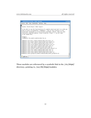 www.dedoimedo.com                                  all rights reserved




These modules are referenced by a symbolic link in the /etc/httpd/
directory, pointing to /usr/lib/httpd/modules.




                                77
 