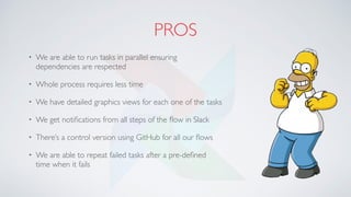 PROS
• We are able to run tasks in parallel ensuring
dependencies are respected
• Whole process requires less time
• We have detailed graphics views for each one of the tasks
• We get notiﬁcations from all steps of the ﬂow in Slack
• There’s a control version using GitHub for all our ﬂows
• We are able to repeat failed tasks after a pre-deﬁned
time when it fails
 