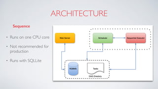 ARCHITECTURE
Sequence
• Runs on one CPU core
• Not recommended for
production
• Runs with SQLLite
 