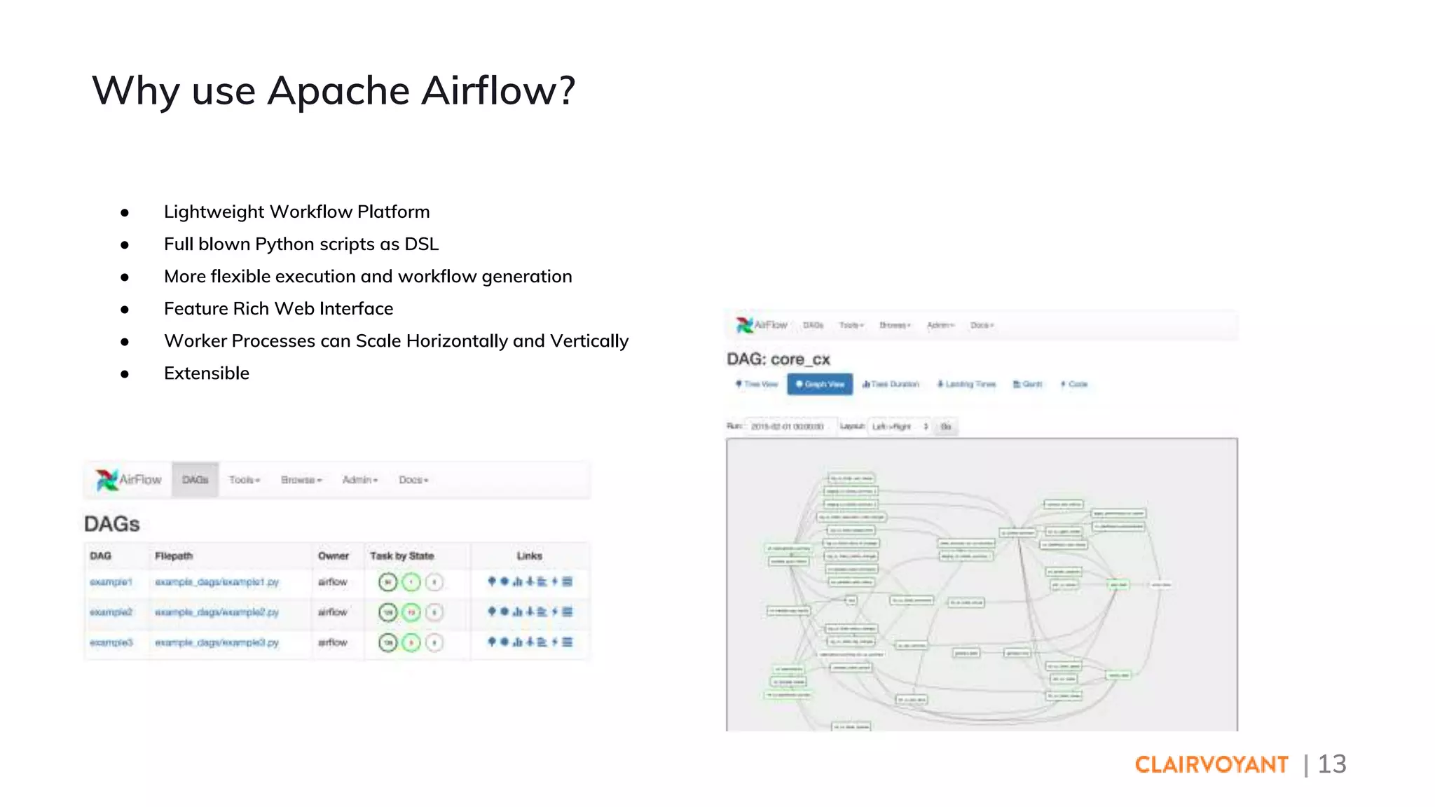| 13
● Lightweight Workflow Platform
● Full blown Python scripts as DSL
● More flexible execution and workflow generation
● Feature Rich Web Interface
● Worker Processes can Scale Horizontally and Vertically
● Extensible
Why use Apache Airflow?
 