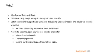 | 10
● Mostly used Cron and Oozie
● Did some crazy things with Java and Quartz in a past life
● Lot of operational support was going into debugging Oozie workloads and issues we ran into
with that
○ 4+ Years of working with Oozie “built expertise??”
● Needed a scalable, open source, user friendly engine for
○ Internal product needs
○ Client engagements
○ Making our Ops and Support teams lives easier
Why?
 
