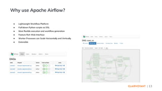 | 13
● Lightweight Workflow Platform
● Full blown Python scripts as DSL
● More flexible execution and workflow generation
● Feature Rich Web Interface
● Worker Processes can Scale Horizontally and Vertically
● Extensible
Why use Apache Airflow?
 