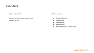 | 15
Different Executors
● SequentialExecutor
● LocalExecutor
● CeleryExecutor
● MesosExecutor
● KubernetesExecutor (Coming Soon)
Executors
What are Executors?
Executors are the mechanism by which task
instances get run.
 