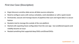 | 21
● Kogni discovers sensitive data across all data sources enterprise
● Need to configure scans with various schedules, work standalone or with a spark cluster
● Orchestrate, execute and manage dozens of pipelines that scan and ingest data in a secure
fashion
● Needed a tool to manage this outside of the core platform
● Started with exporting Oozie configuration from the core app - but conditional aspects and
visibility became an issue
● Needed something that supported deep DAGs and Broad DAGs
First Use Case (Description)
 