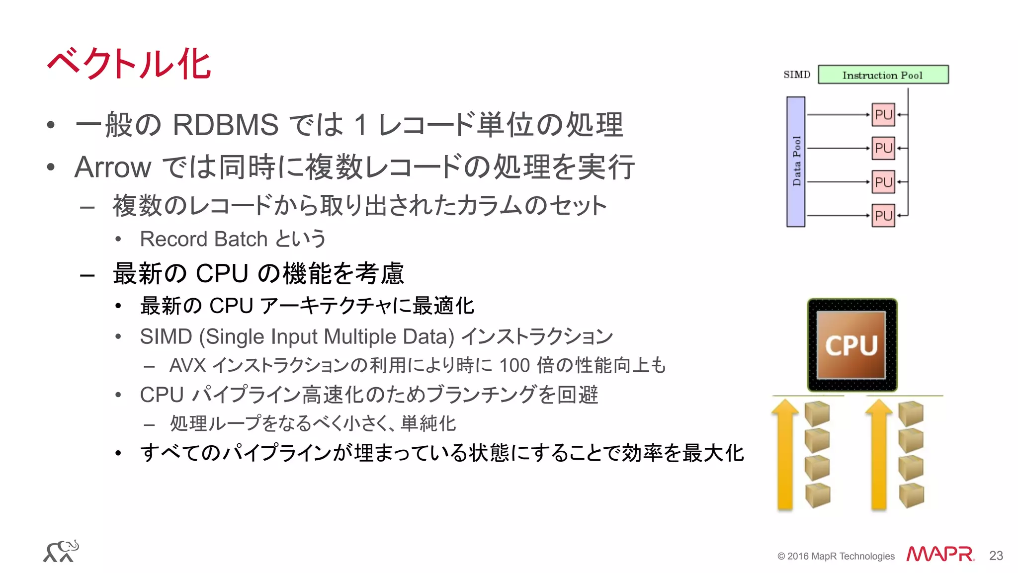 © 2016 MapR Technologies 23© 2016 MapR Technologies 23
ベクトル化
•  一般の RDBMS では 1 レコード単位の処理
•  Arrow では同時に複数レコードの処理を実行
–  複数のレコードから取り出されたカラムのセット
•  Record Batch という
–  最新の CPU の機能を考慮
•  最新の CPU アーキテクチャに最適化
•  SIMD (Single Input Multiple Data) インストラクション
–  AVX インストラクションの利用により時に 100 倍の性能向上も
•  CPU パイプライン高速化のためブランチングを回避
–  処理ループをなるべく小さく、単純化
•  すべてのパイプラインが埋まっている状態にすることで効率を最大化
 