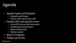 3
Agenda
• Apache Spark and PySpark
• PySpark and Pandas
• Python UDF and Pandas UDF
• Pandas UDF and Apache Arrow
• Arrow...