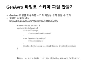 GenAvro 파일로 스키마 파일 만들기
 GenAvro 파일을 이용하면 스키마 파일을 쉽게 만들 수 있다.
 아래는 자바의 경우.
http://blog.naver.com/cookatrice/50106992022
 