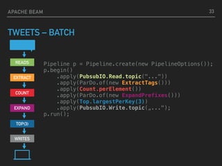 APACHE BEAM
TWEETS – BATCH
READS
WRITES
EXTRACT
COUNT
EXPAND
TOP(3)
Pipeline p = Pipeline.create(new PipelineOptions()); 
p.begin() 
.apply(PubsubIO.Read.topic("...")) 
.apply(ParDo.of(new ExtractTags())) 
.apply(Count.perElement()) 
.apply(ParDo.of(new ExpandPrefixes())) 
.apply(Top.largestPerKey(3)) 
.apply(PubsubIO.Write.topic(„..."); 
p.run();
33
 